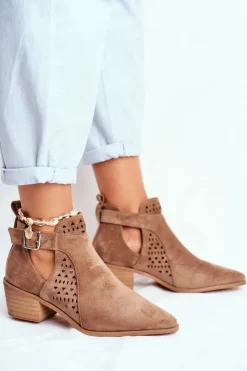 Damskie Boto Zamszowe Botki Na Obcasie Z Klamrą Beżowe Esen