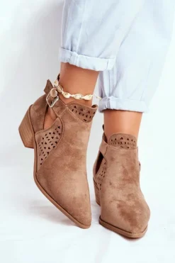 Damskie Boto Zamszowe Botki Na Obcasie Z Klamrą Beżowe Esen