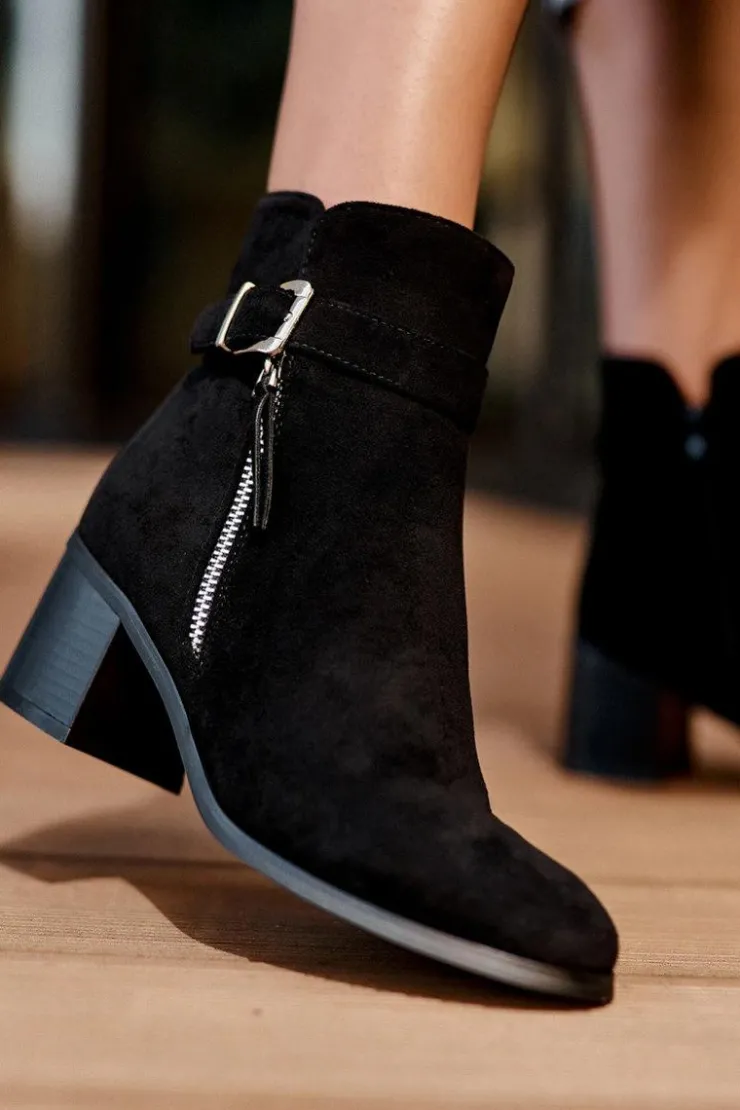 Boto Botki Ocieplane|Czarne Botki*Zamszowe Botki Na Obcasie Z Klamrą Czarne Bronte