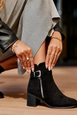 Boto Botki Ocieplane|Czarne Botki*Zamszowe Botki Na Obcasie Z Klamrą Czarne Bronte