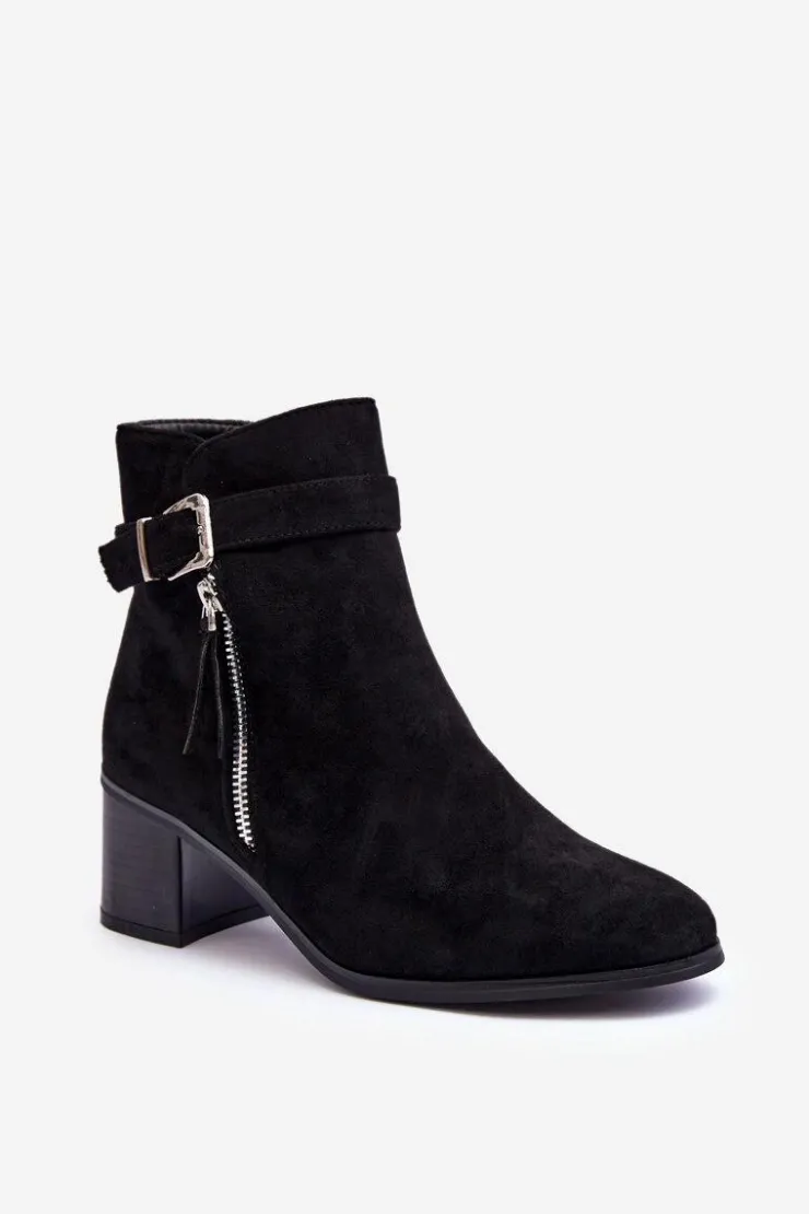 Boto Botki Ocieplane|Czarne Botki*Zamszowe Botki Na Obcasie Z Klamrą Czarne Bronte