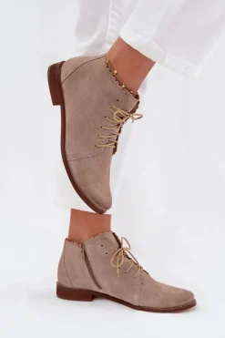 Nobo Botki Skórzane|Botki Sznurowane*Zamszowe Botki Na Płaskim Obcasie Cappuccino Zazoo 4078 Beżowy