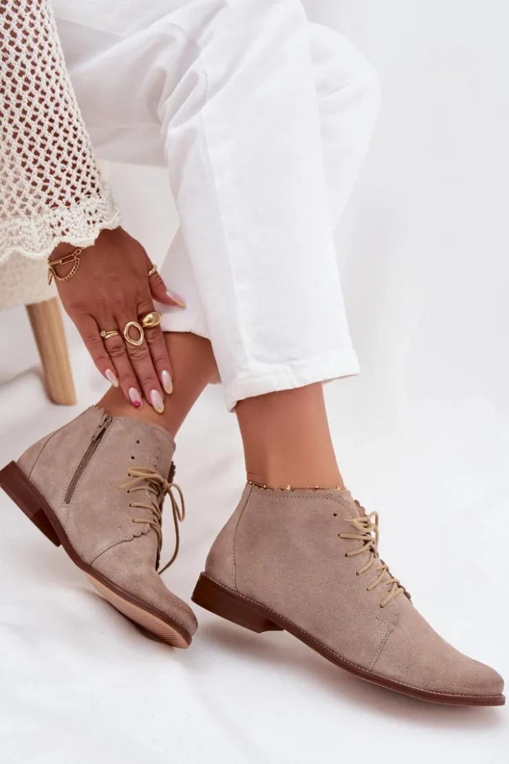 Nobo Botki Skórzane|Botki Sznurowane*Zamszowe Botki Na Płaskim Obcasie Cappuccino Zazoo 4078 Beżowy