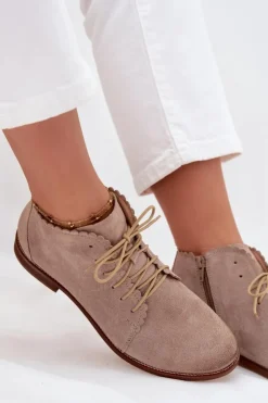 Nobo Botki Skórzane|Botki Sznurowane*Zamszowe Botki Na Płaskim Obcasie Cappuccino Zazoo 4078 Beżowy