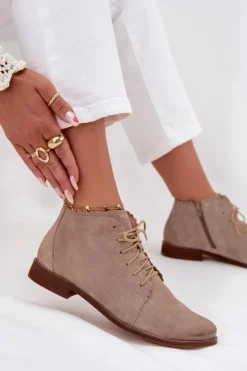 Nobo Botki Skórzane|Botki Sznurowane*Zamszowe Botki Na Płaskim Obcasie Cappuccino Zazoo 4078 Beżowy