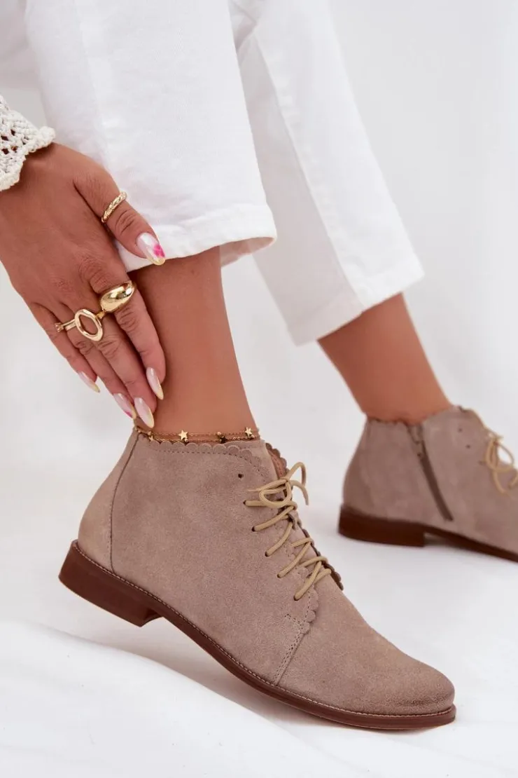 Nobo Botki Skórzane|Botki Sznurowane*Zamszowe Botki Na Płaskim Obcasie Cappuccino Zazoo 4078 Beżowy