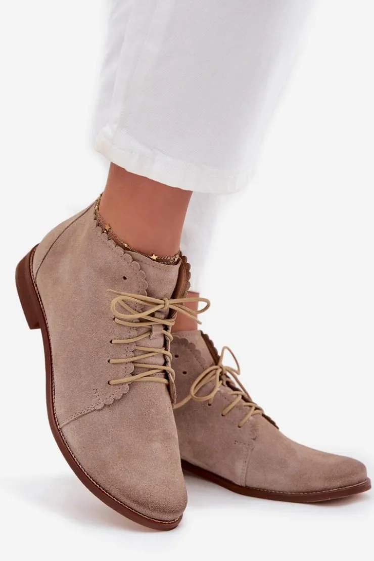 Nobo Botki Skórzane|Botki Sznurowane*Zamszowe Botki Na Płaskim Obcasie Cappuccino Zazoo 4078 Beżowy