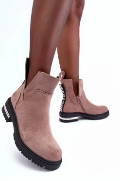 Sale Boto Zamszowe Botki Na Płaskim Obcasie Z Wycięciami Ciemnobeżowe Lamedella