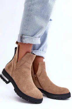 Damskie Boto Zamszowe Botki Na Płaskim Obcasie Z Wycięciami Beżowe Lamedella