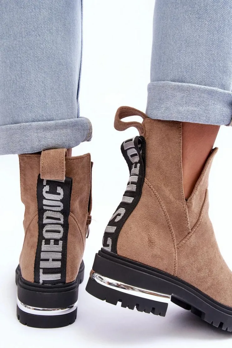 Damskie Boto Zamszowe Botki Na Płaskim Obcasie Z Wycięciami Beżowe Lamedella