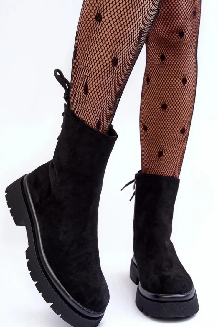 Boto Czarne Botki|Botki Płaskie*Zamszowe Botki Na Płaskim Obcasie Sznurowane Czarne Lakyta