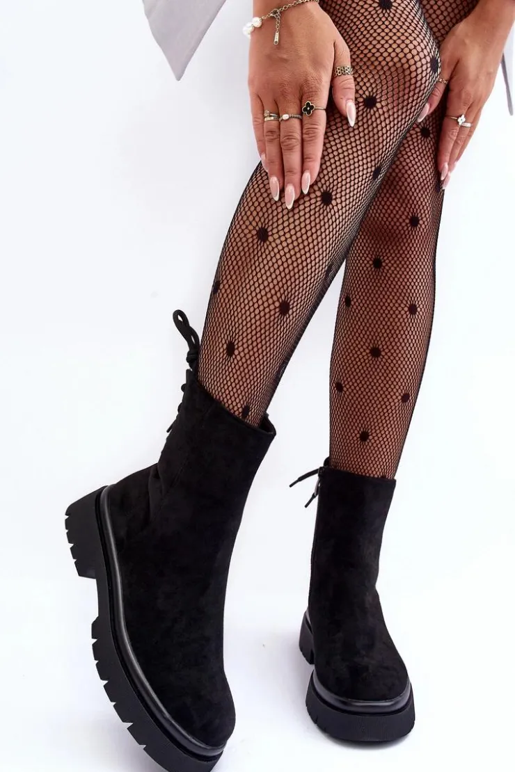 Boto Czarne Botki|Botki Płaskie*Zamszowe Botki Na Płaskim Obcasie Sznurowane Czarne Lakyta