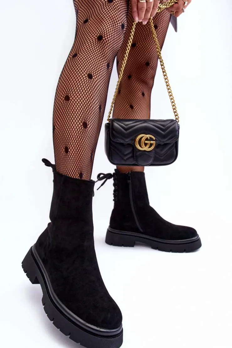 Boto Czarne Botki|Botki Płaskie*Zamszowe Botki Na Płaskim Obcasie Sznurowane Czarne Lakyta