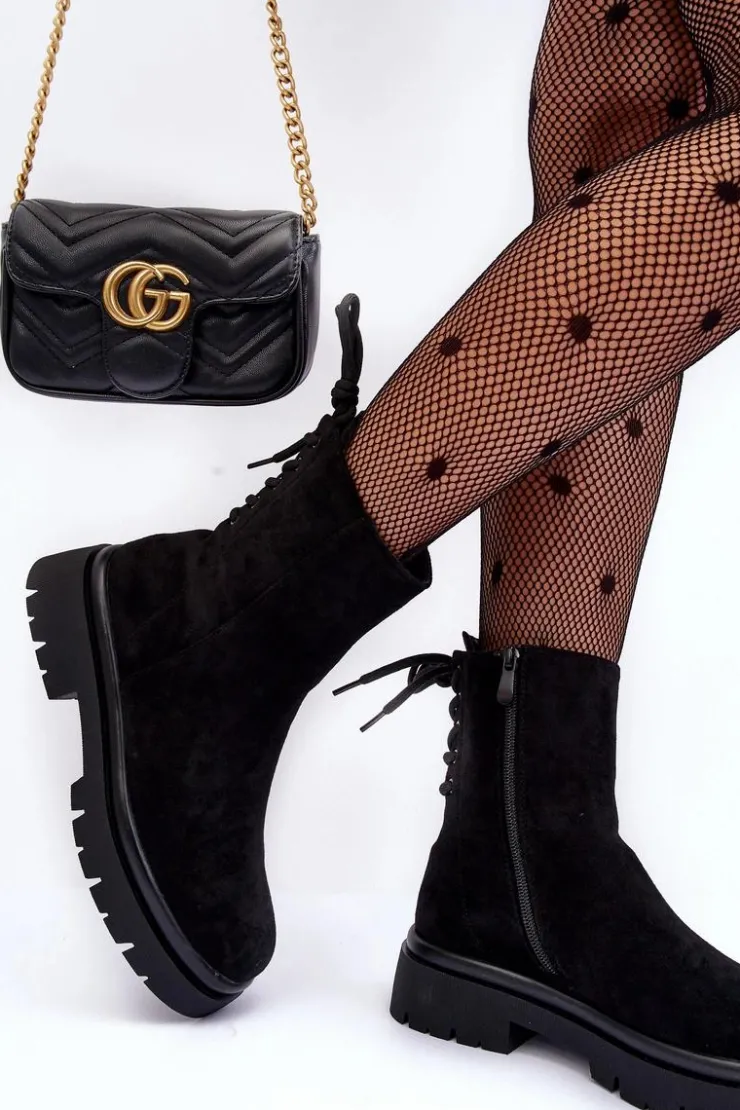 Boto Czarne Botki|Botki Płaskie*Zamszowe Botki Na Płaskim Obcasie Sznurowane Czarne Lakyta