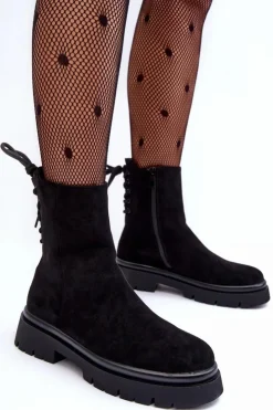 Boto Czarne Botki|Botki Płaskie*Zamszowe Botki Na Płaskim Obcasie Sznurowane Czarne Lakyta