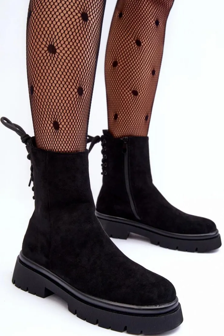 Boto Czarne Botki|Botki Płaskie*Zamszowe Botki Na Płaskim Obcasie Sznurowane Czarne Lakyta