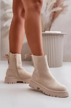 Boto Zamszowe Botki Na Płaskim Obcasie Sznurowane Beżowe Lakyta