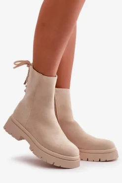 Boto Zamszowe Botki Na Płaskim Obcasie Sznurowane Beżowe Lakyta