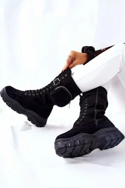 Boto Zamszowe Botki Na Platformie Z Nerką Czarne Issanti