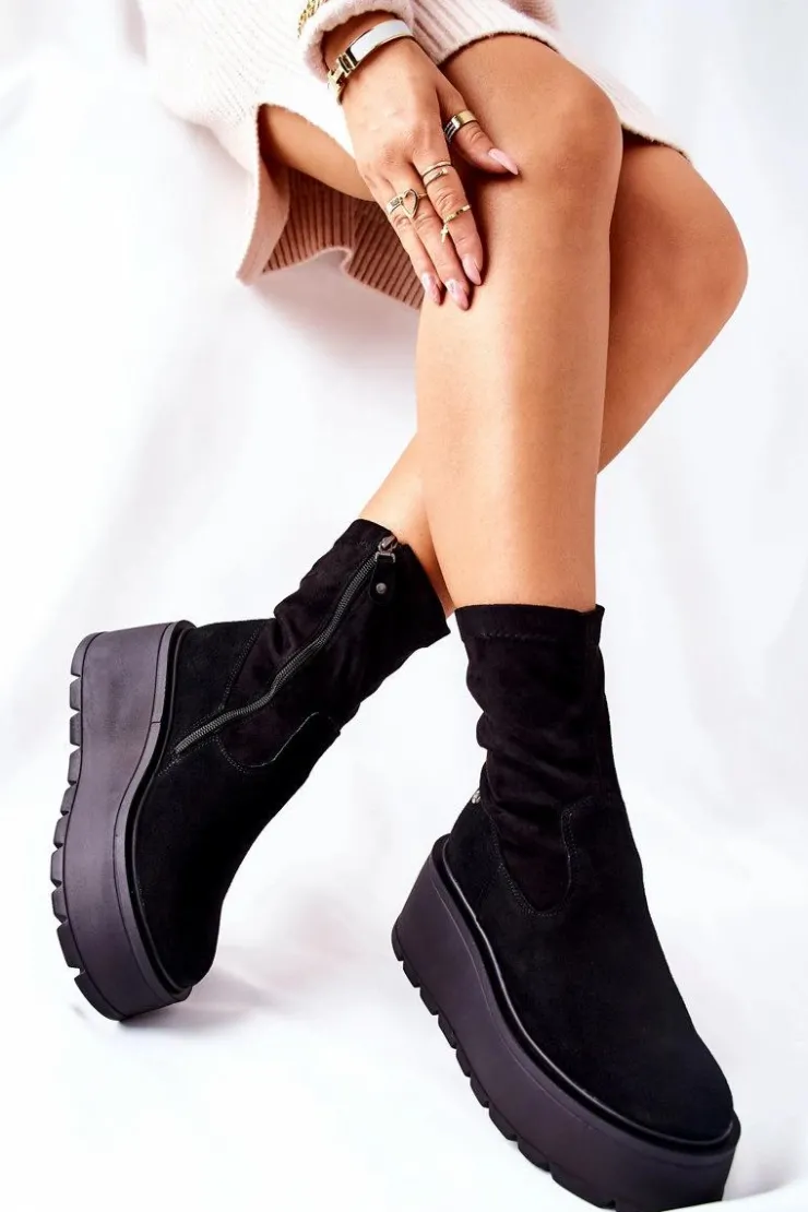 Hot Maciejka Zamszowe Botki Na Platformie Czarne 05319-01