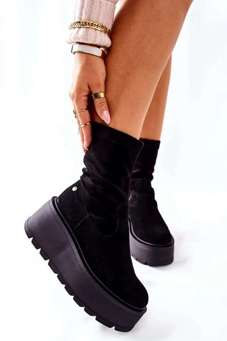 Hot Maciejka Zamszowe Botki Na Platformie Czarne 05319-01