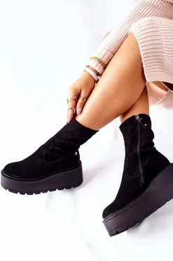 Hot Maciejka Zamszowe Botki Na Platformie Czarne 05319-01