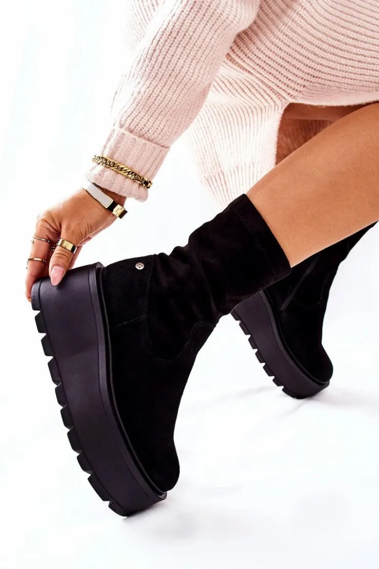 Hot Maciejka Zamszowe Botki Na Platformie Czarne 05319-01