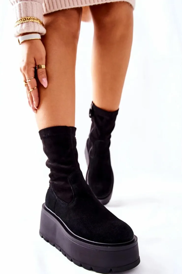 Damskie Maciejka Zamszowe Botki Na Platformie Czarne 05319-01