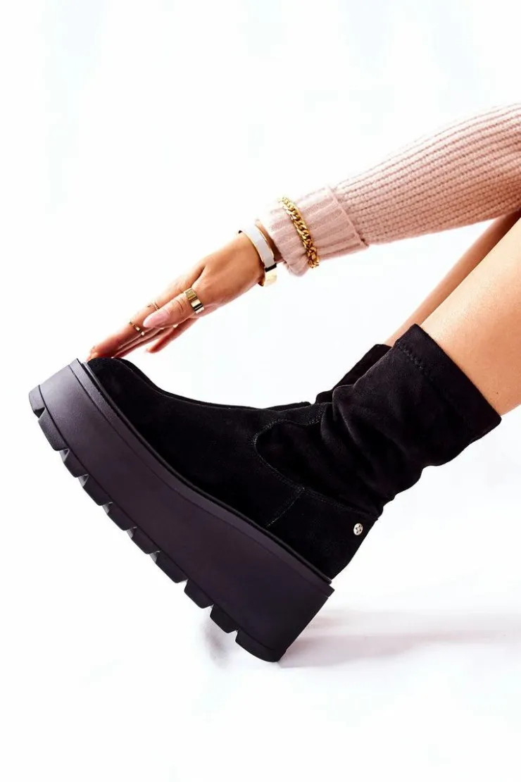 Damskie Maciejka Zamszowe Botki Na Platformie Czarne 05319-01