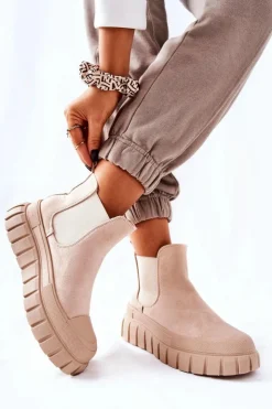 Damskie Boto Zamszowe Botki Na Platformie Beżowe Jennily