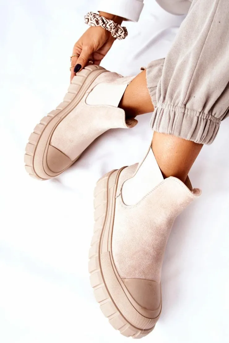 Damskie Boto Zamszowe Botki Na Platformie Beżowe Jennily