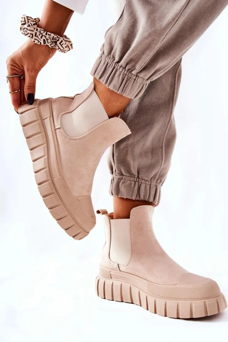 Damskie Boto Zamszowe Botki Na Platformie Beżowe Jennily