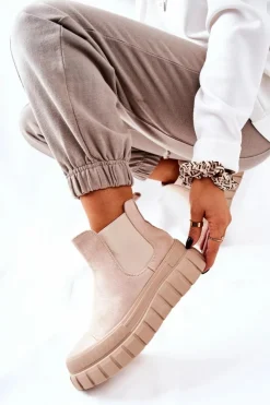 Damskie Boto Zamszowe Botki Na Platformie Beżowe Jennily