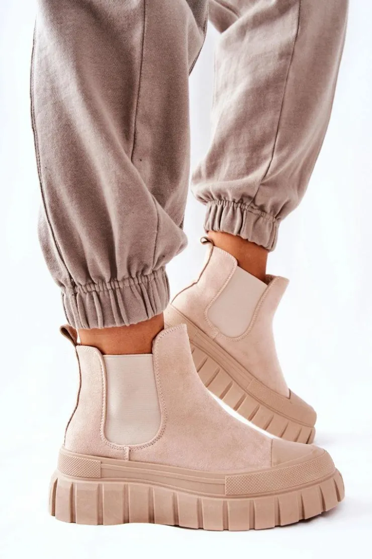 Damskie Boto Zamszowe Botki Na Platformie Beżowe Jennily