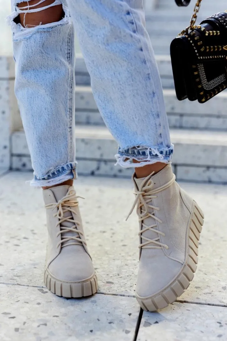 New Boto Zamszowe Botki Na Platformie Lewski Shoes 3177 Jasnobeżowe