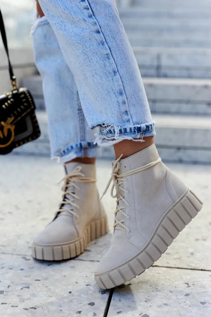New Boto Zamszowe Botki Na Platformie Lewski Shoes 3177 Jasnobeżowe