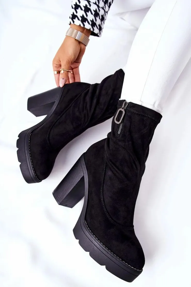 Boto Botki Na Słupku|Czarne Botki*Zamszowe Botki Na Słupku Czarne Marlevo