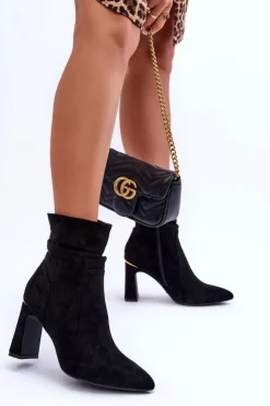 Damskie Boto Zamszowe Botki Na Słupku Czarne Mellamene