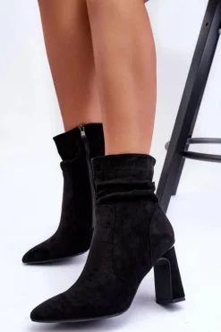Damskie Boto Zamszowe Botki Na Słupku Czarne Mellamene