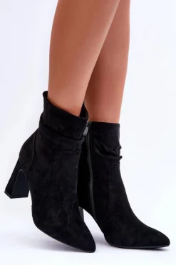 Damskie Boto Zamszowe Botki Na Słupku Czarne Mellamene