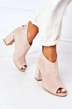 Damskie Boto Zamszowe Botki Na Słupku Lewski Shoes 3044 Beżowe