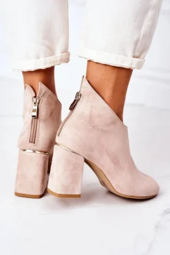 Damskie Boto Zamszowe Botki Na Słupku Lewski Shoes 3044 Beżowe