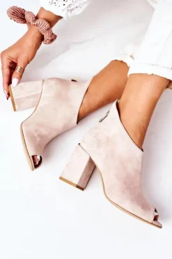 Damskie Boto Zamszowe Botki Na Słupku Lewski Shoes 3044 Beżowe