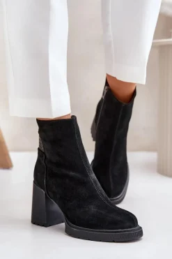 Damskie buty S.Barski Botki Ocieplane|Botki Na Słupku*Zamszowe Botki Na Słupku Ocieplane D&A CR42-106 Czarne