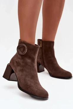Artiker Botki Ocieplane|Botki Skórzane*Zamszowe Botki Na Słupku Ocieplane Z Ozdobnym Detalem 57C0017 Brązowe Brązowy