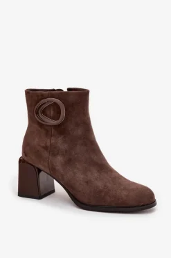 Artiker Botki Ocieplane|Botki Skórzane*Zamszowe Botki Na Słupku Ocieplane Z Ozdobnym Detalem 57C0017 Brązowe Brązowy