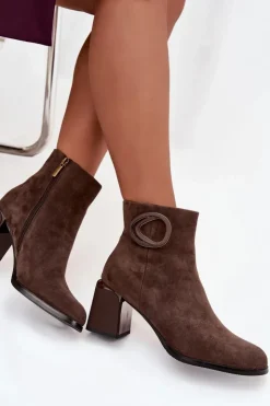 Artiker Botki Ocieplane|Botki Skórzane*Zamszowe Botki Na Słupku Ocieplane Z Ozdobnym Detalem 57C0017 Brązowe Brązowy