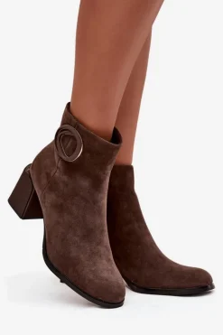 Artiker Botki Ocieplane|Botki Skórzane*Zamszowe Botki Na Słupku Ocieplane Z Ozdobnym Detalem 57C0017 Brązowe Brązowy