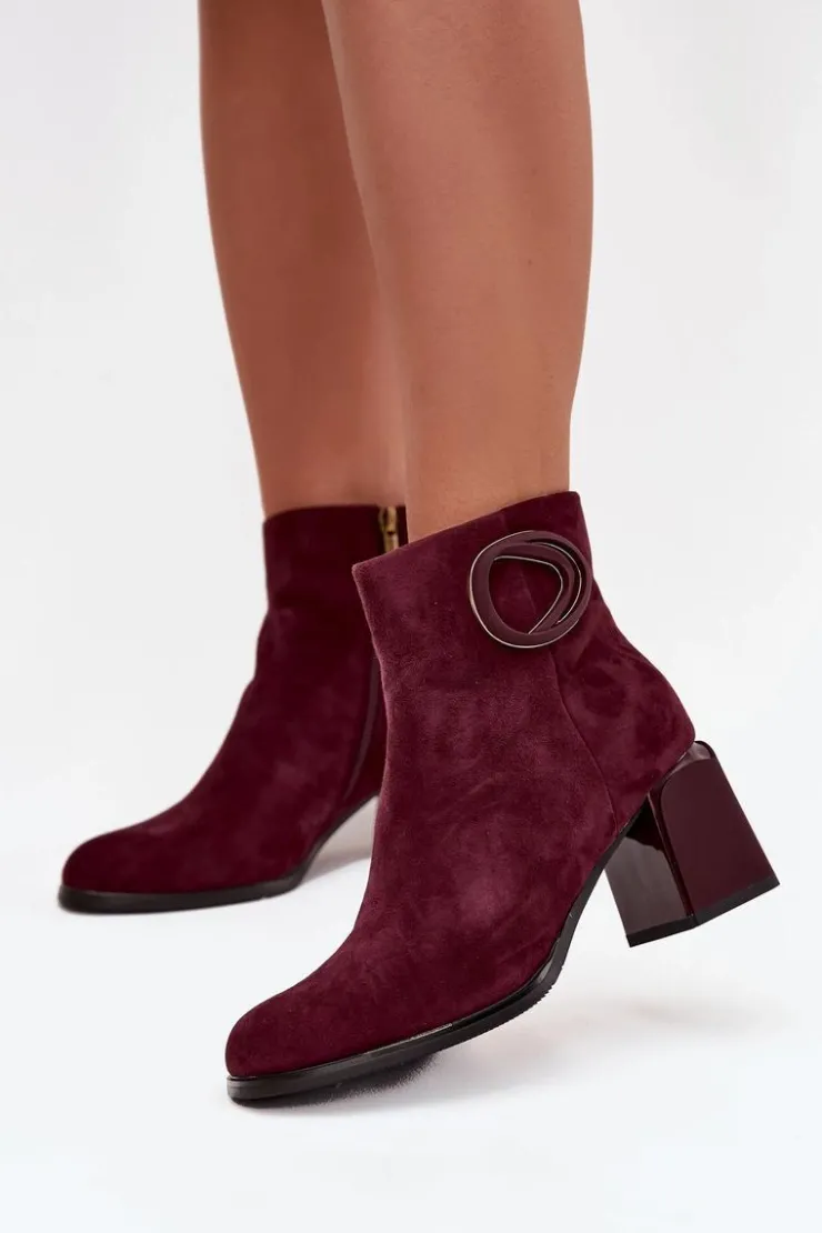 New Artiker Zamszowe Botki Na Słupku Ocieplane Z Ozdobnym Detalem 57C0016 Bordowe Czerwony