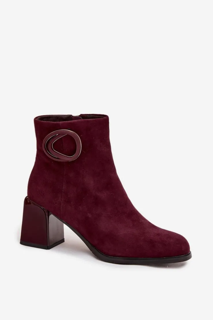 New Artiker Zamszowe Botki Na Słupku Ocieplane Z Ozdobnym Detalem 57C0016 Bordowe Czerwony